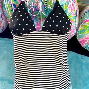 Roxy black & cream tankini swim top with polka dots & stripes